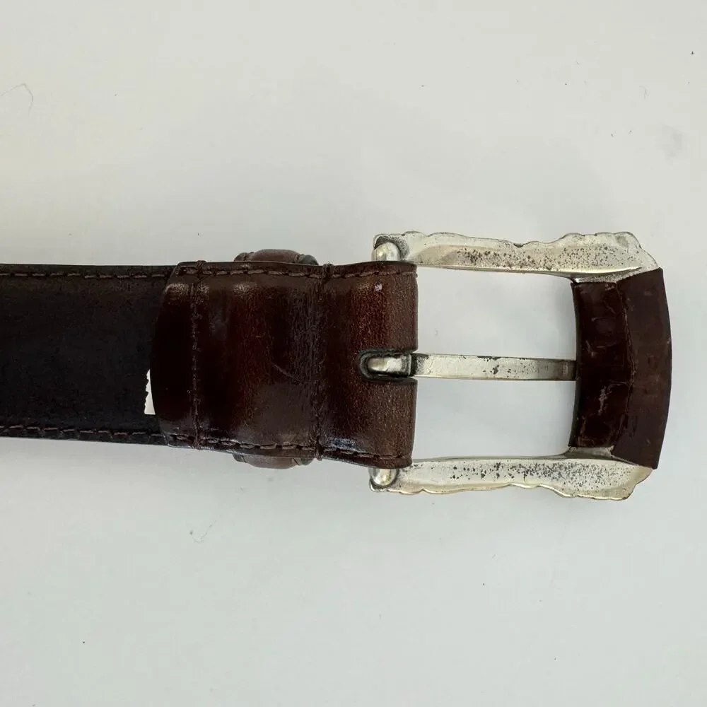 Fossil Brown Leather Belt Silver-Tone Hardware Boho Design Size M